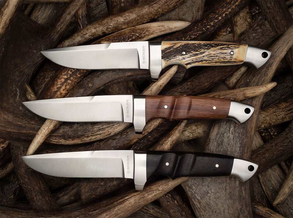 Böker Vollintegral Jagdmesser mit kräftiger feststehender Klinge – robustes Premium-Jagdmesser mit Hirschhorn- oder Holzgriff und Lederscheide