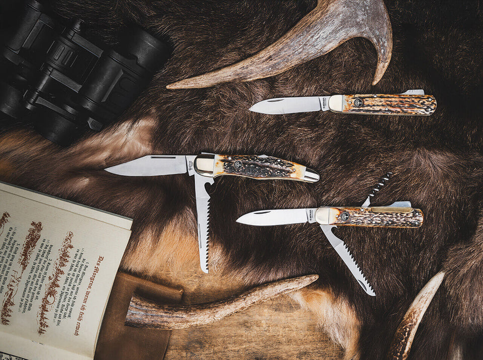 boeker jagd klappmesser taschenmesser slipjoint backlock hirschhorn griff multitoll 2 klingen saege korkenzieher made in germany