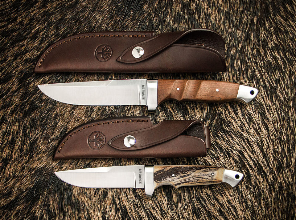 Böker Vollintegral Full-Tang-Jagdmesser mit Lederscheide – extrem robustes feststehendes Premium-Messer mit kräftiger Klinge und edlen Holz- oder Hirschhorngriffen
